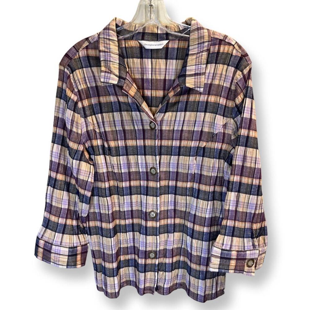 Christopher & Banks Button Up Shirt Size L Collared 3/4 Sleeve Multicolor Plaid